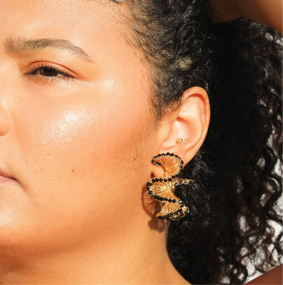 Lightweight ruffled crochet hoops, Black beads and 18 karat gold filled copper wire and create a statement look without the weight or bulk!