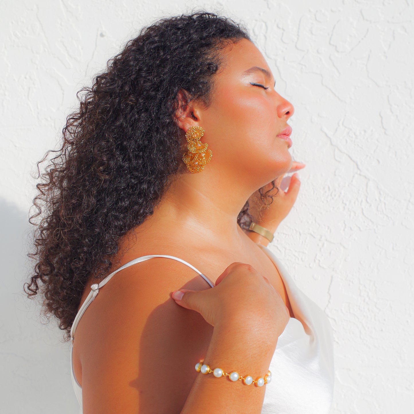 Wire Crochet Gold Shell Earrings - Lightweight Long  Wedding Guest Earrings - Statement Post & Clip Bohemian Earrings