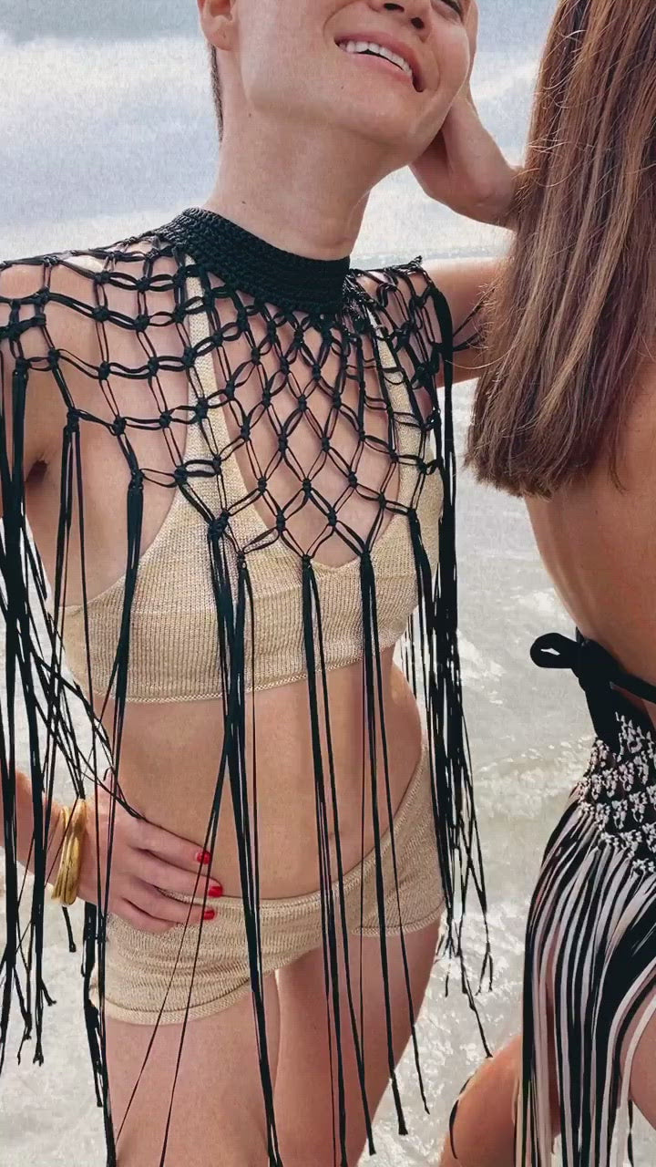 Macrame handmade shoulder necklace with button closure, Length: 32