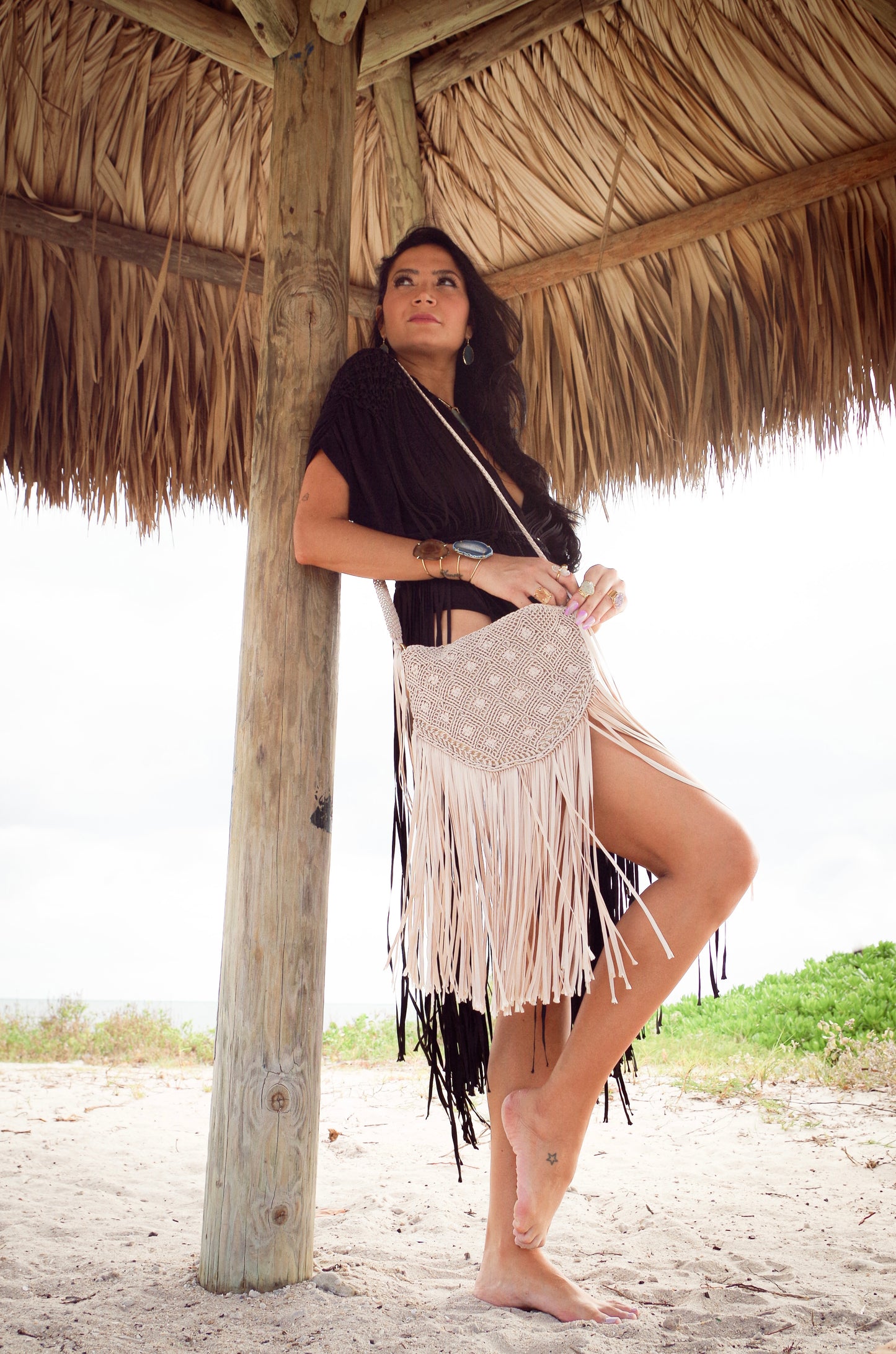 Boho macrame bag with fringes. Spacious handmade Travel bag perfect for festivals