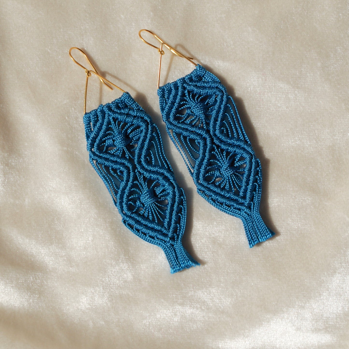 Macrame flower pattern earrings. Gold plated hook earrings won’t cause any allergies nor rust with time. Handmade colorful macrame long earrings