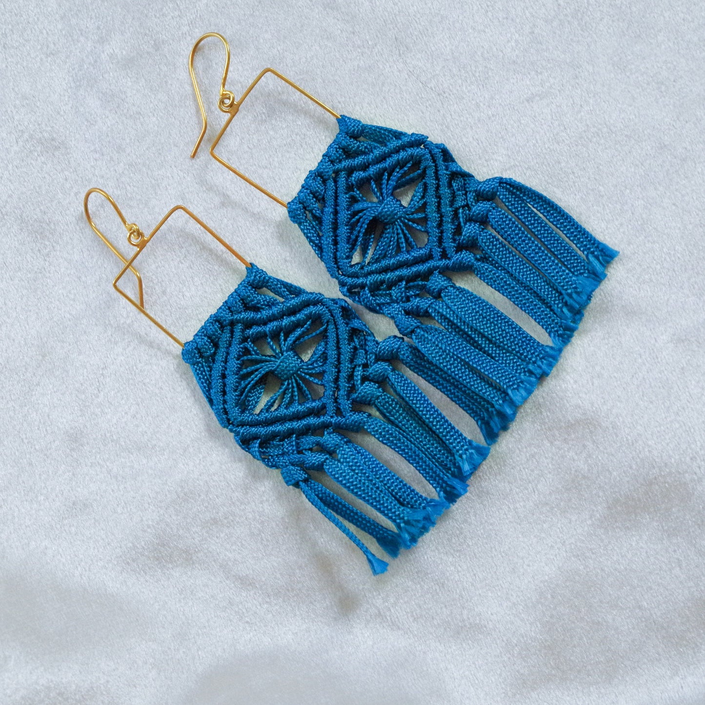 Macrame flower pattern earrings. Gold plated hook earrings won’t cause any allergies nor rust with time. Handmade colorful macrame long earrings