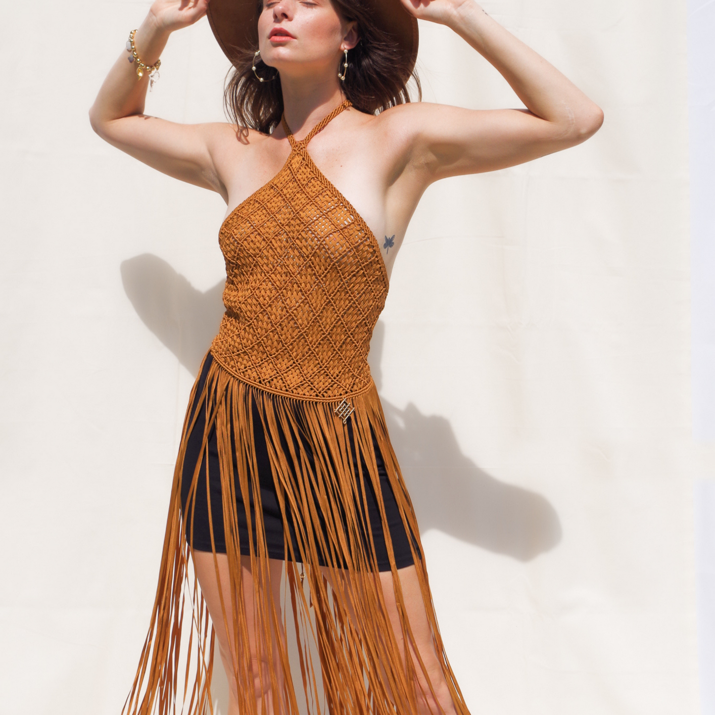 Caramel macrame handmade long fringe top. Corset like closure. Halter top (tie to close)