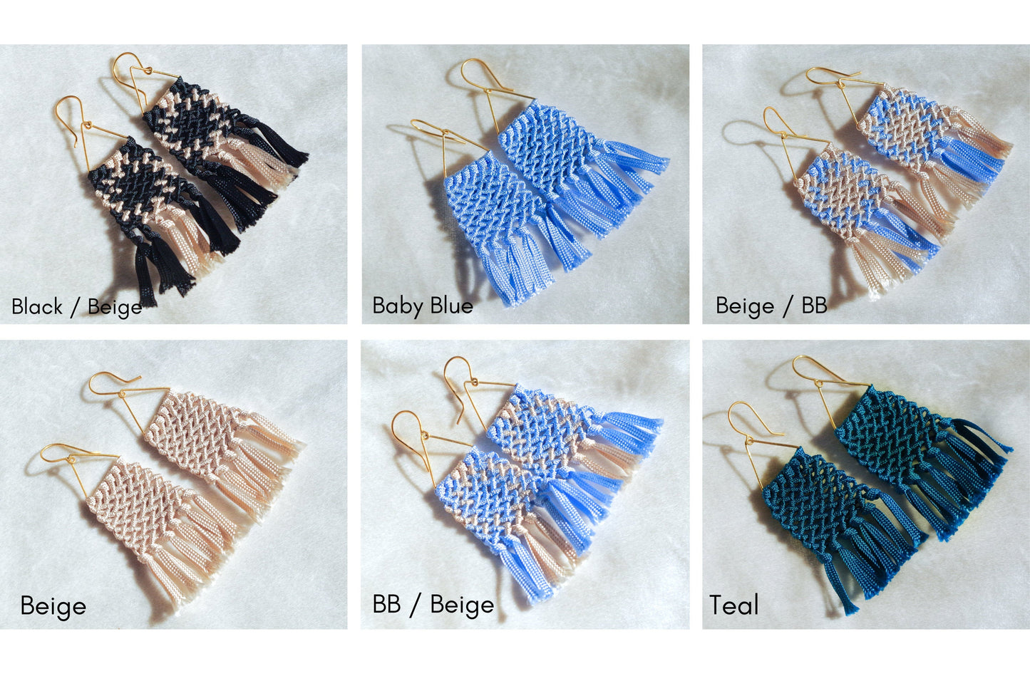 Colored Macrame earrings with fringe. Gold plated hook earrings won’t cause any allergies nor rust with time. Beige black baby blue teal handmade macrame earrings