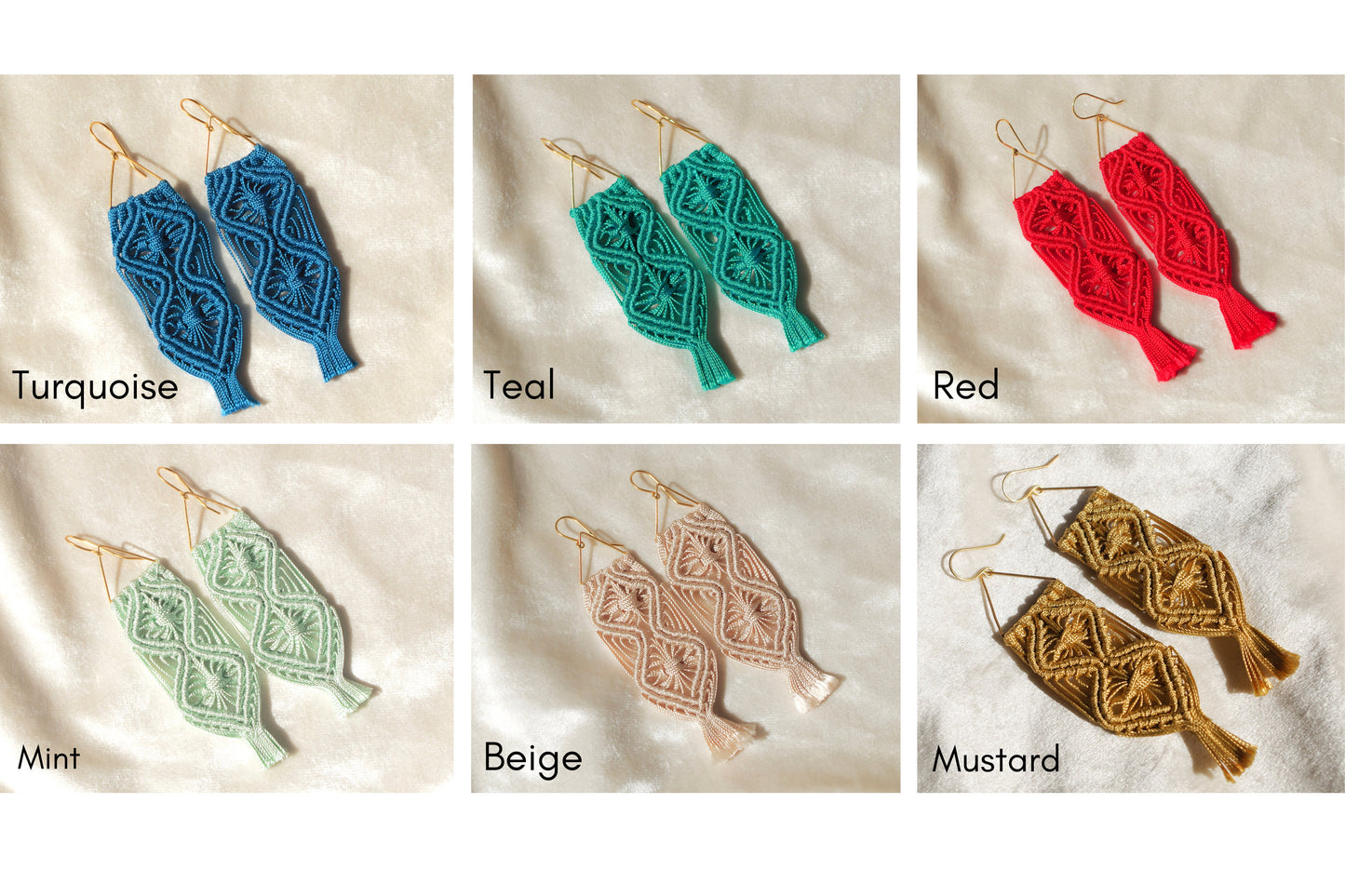 Macrame flower pattern earrings. Gold plated hook earrings won’t cause any allergies nor rust with time. Handmade colorful macrame long earrings