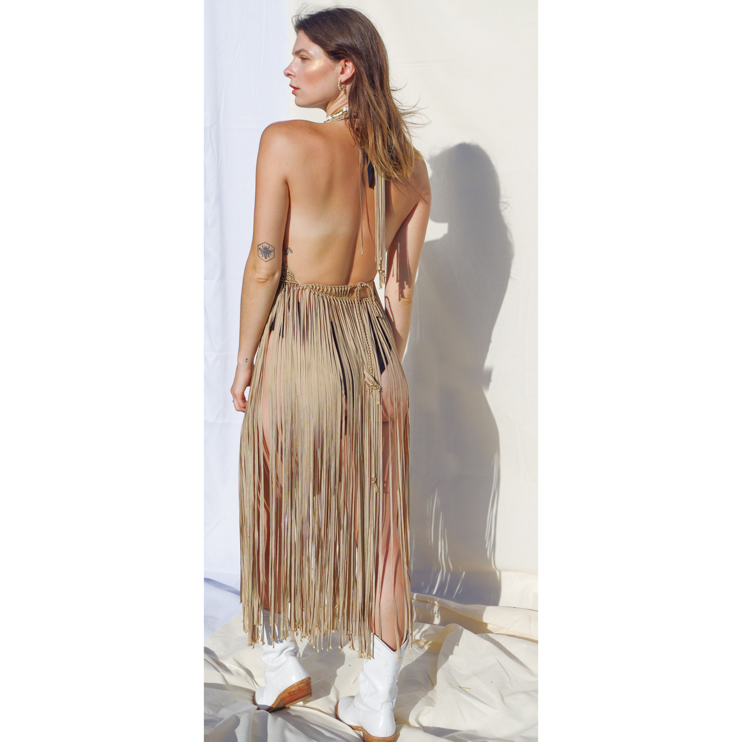 Handmade Macrame Gold dress beach cover up, Boho style Fringe dress festival layering accessory