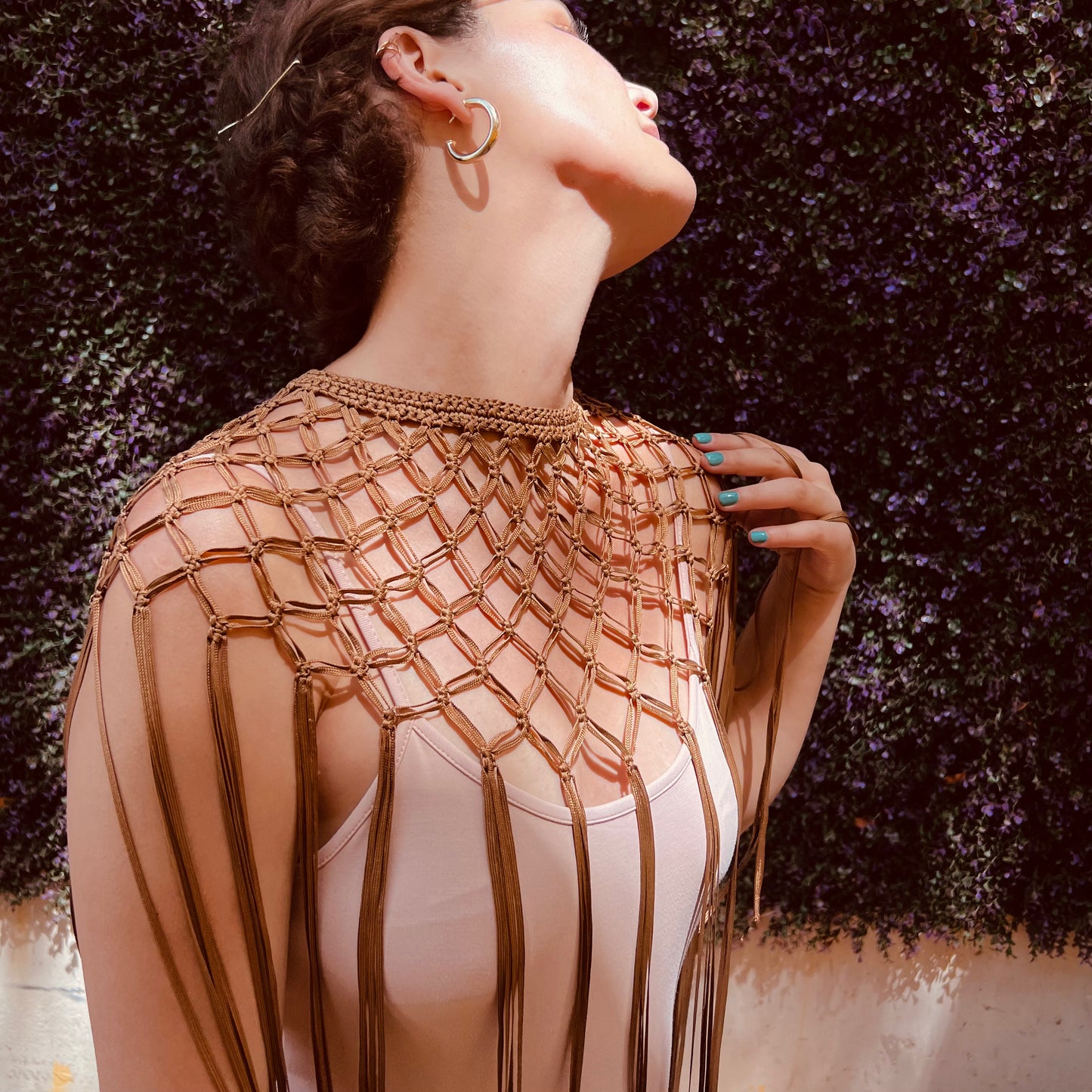 Gold Macrame handmade shoulder necklace with button closure, Length: 32