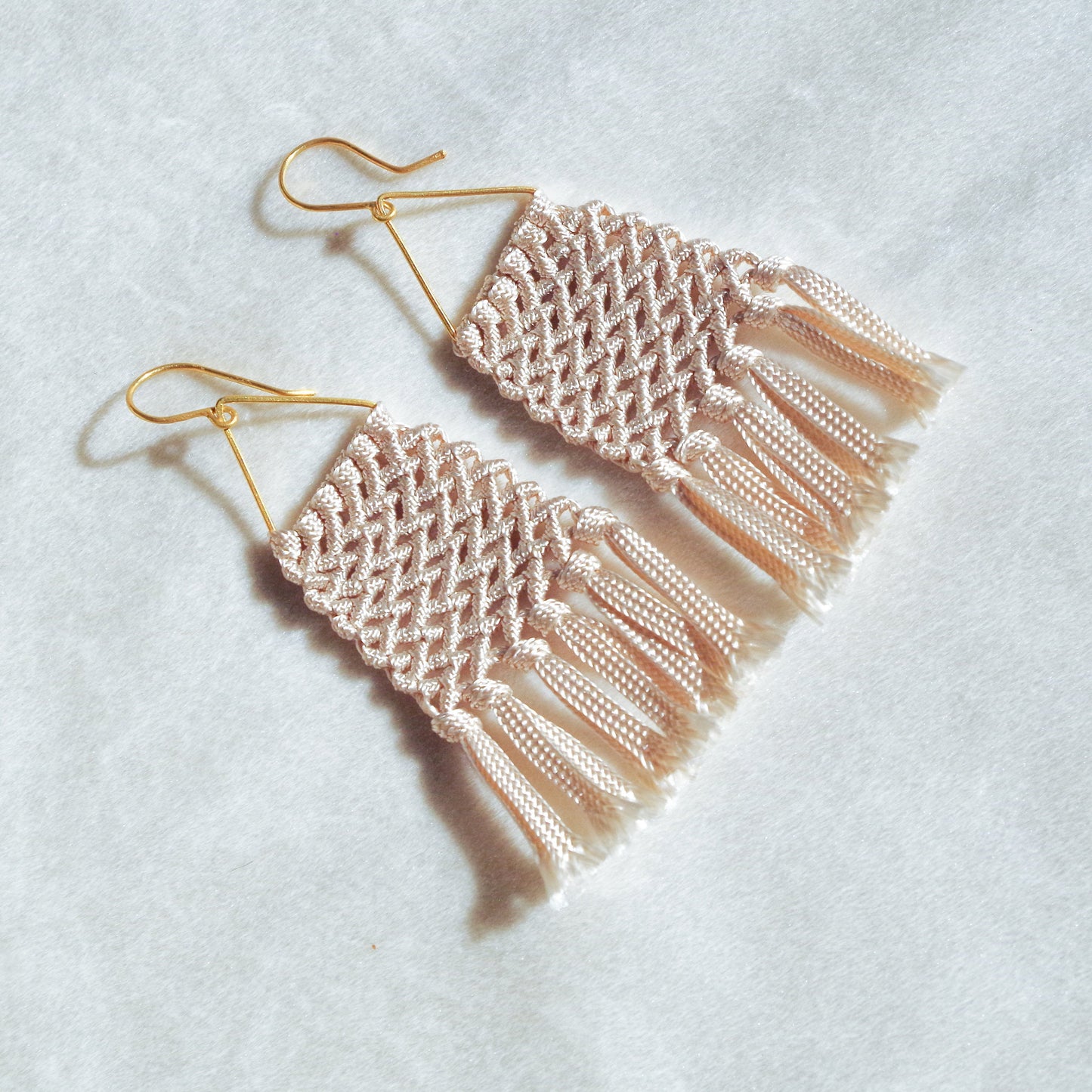 Macrame earrings with fringe. Gold plated hook earrings won’t cause any allergies nor rust with time. Beige handmade macrame earrings
