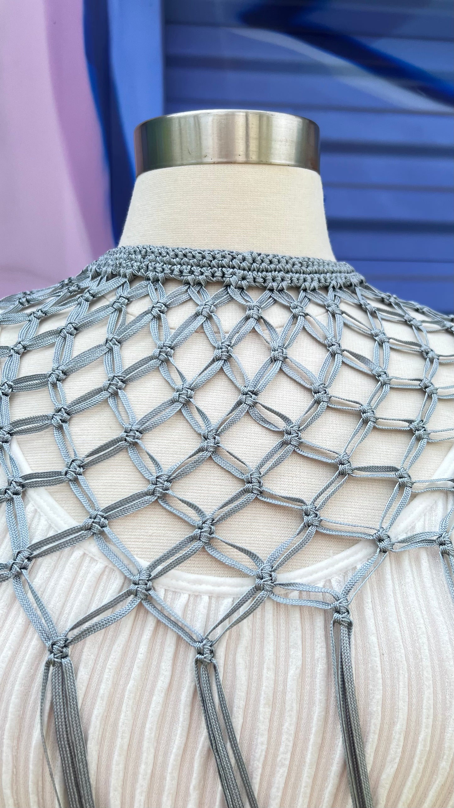 Macrame handmade shoulder necklace with button closure, Length: 32