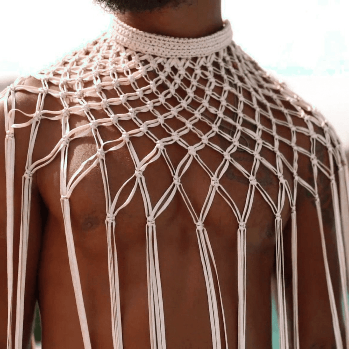 Beige Unisex Macrame handmade shoulder necklace with button closure, Length: 32