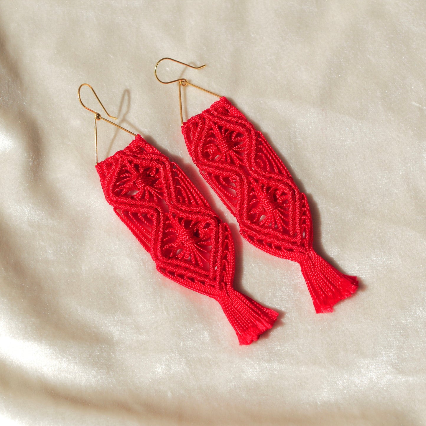 Macrame flower pattern earrings. Gold plated hook earrings won’t cause any allergies nor rust with time. Handmade colorful macrame long earrings