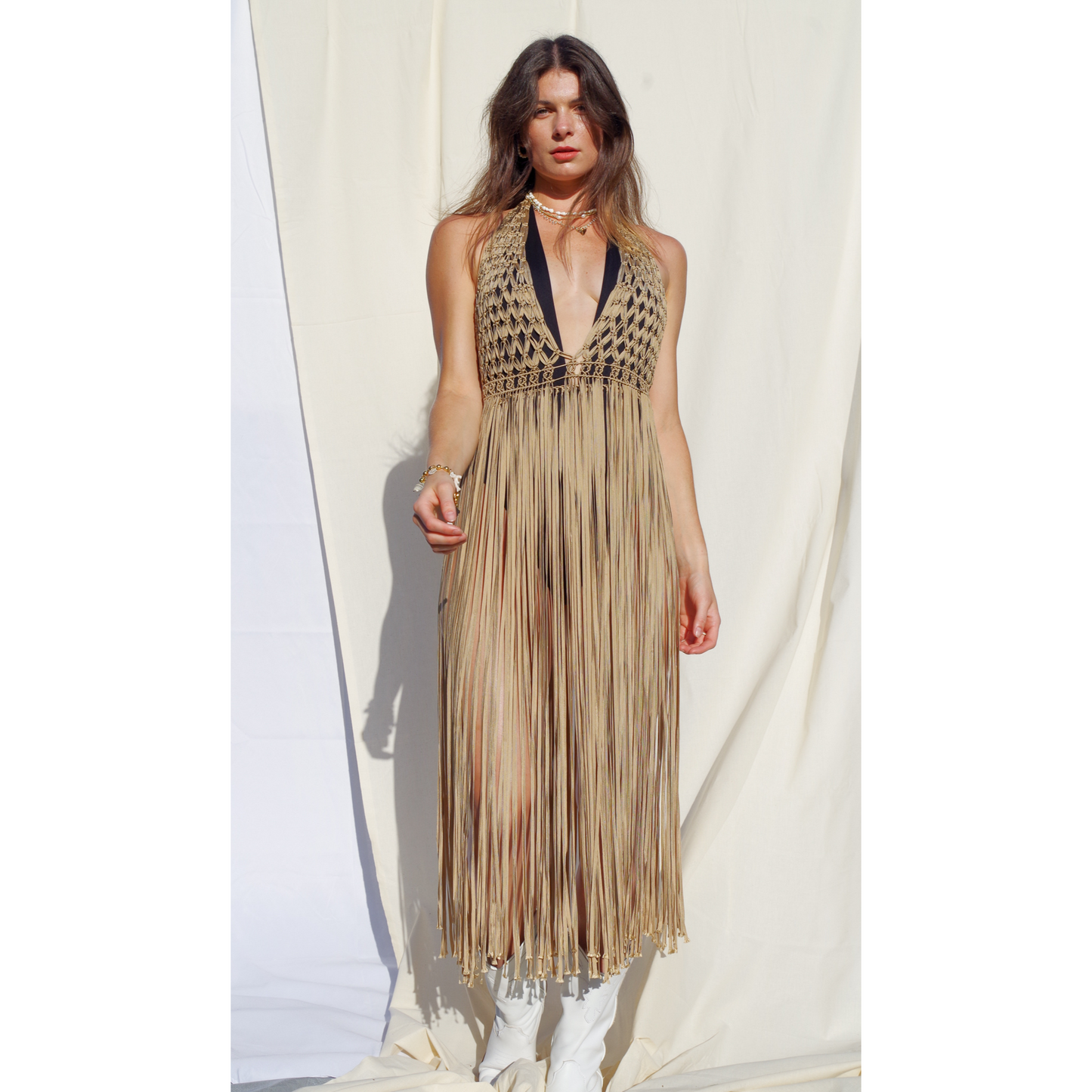 Handmade Macrame Gold dress beach cover up, Boho style Fringe dress festival layering accessory