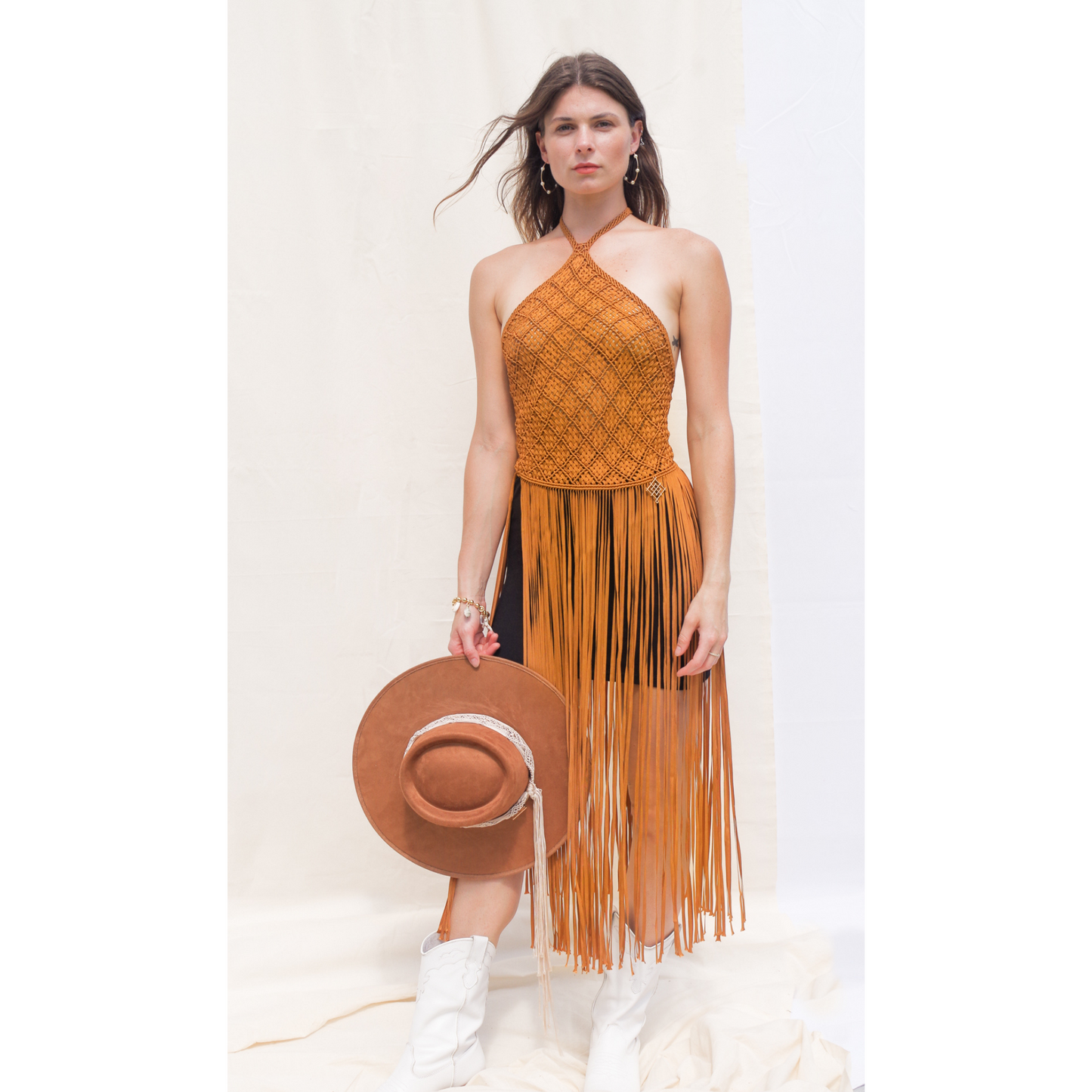 Caramel macrame handmade long fringe top. Corset like closure. Halter top (tie to close)