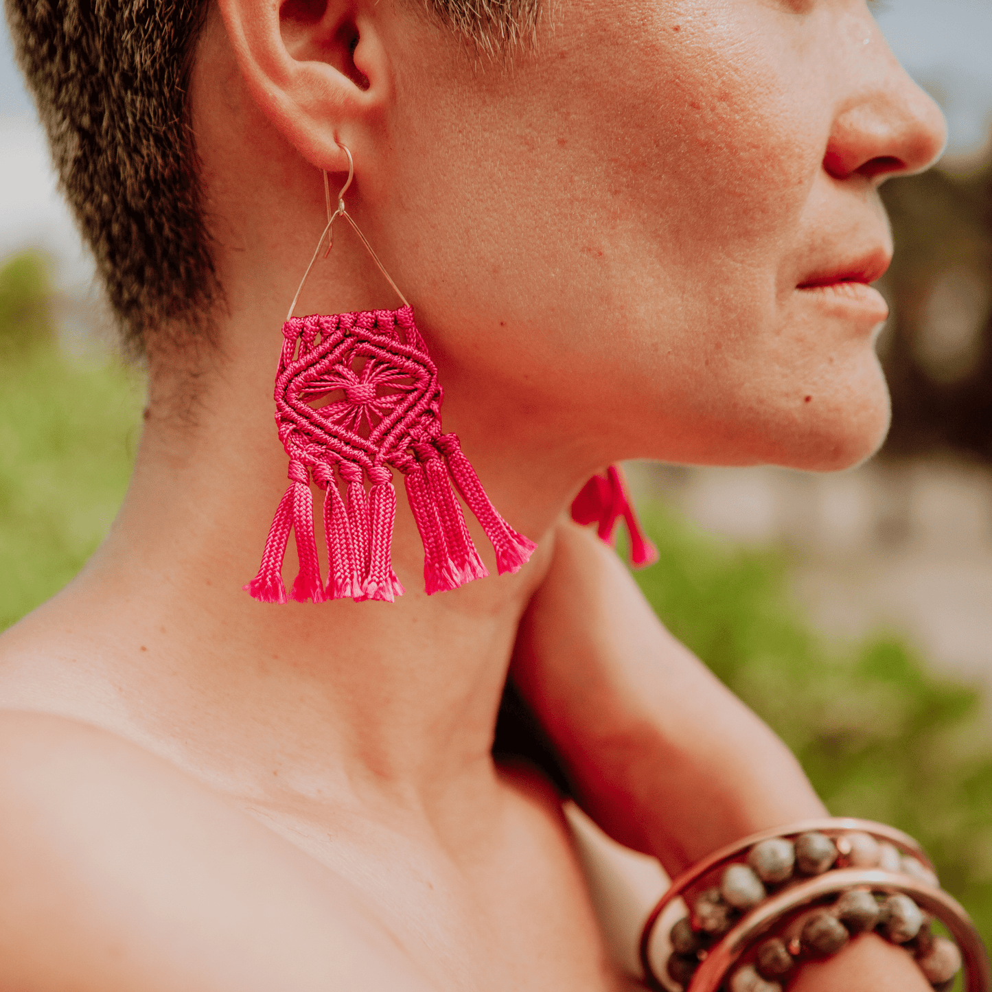 Macrame handmade long earrings. Gold plated hook earrings won’t cause any allergies nor rust with time. Handmade colorful macrame fringe earrings