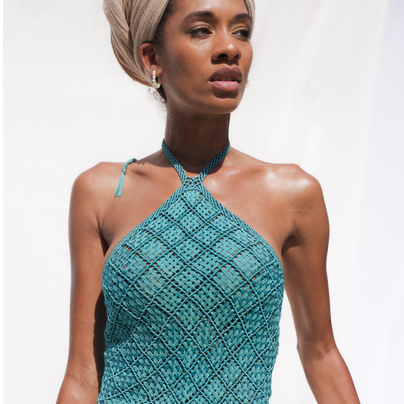 Jade macrame handmade long fringe top. Corset like closure. Halter top (tie to close)