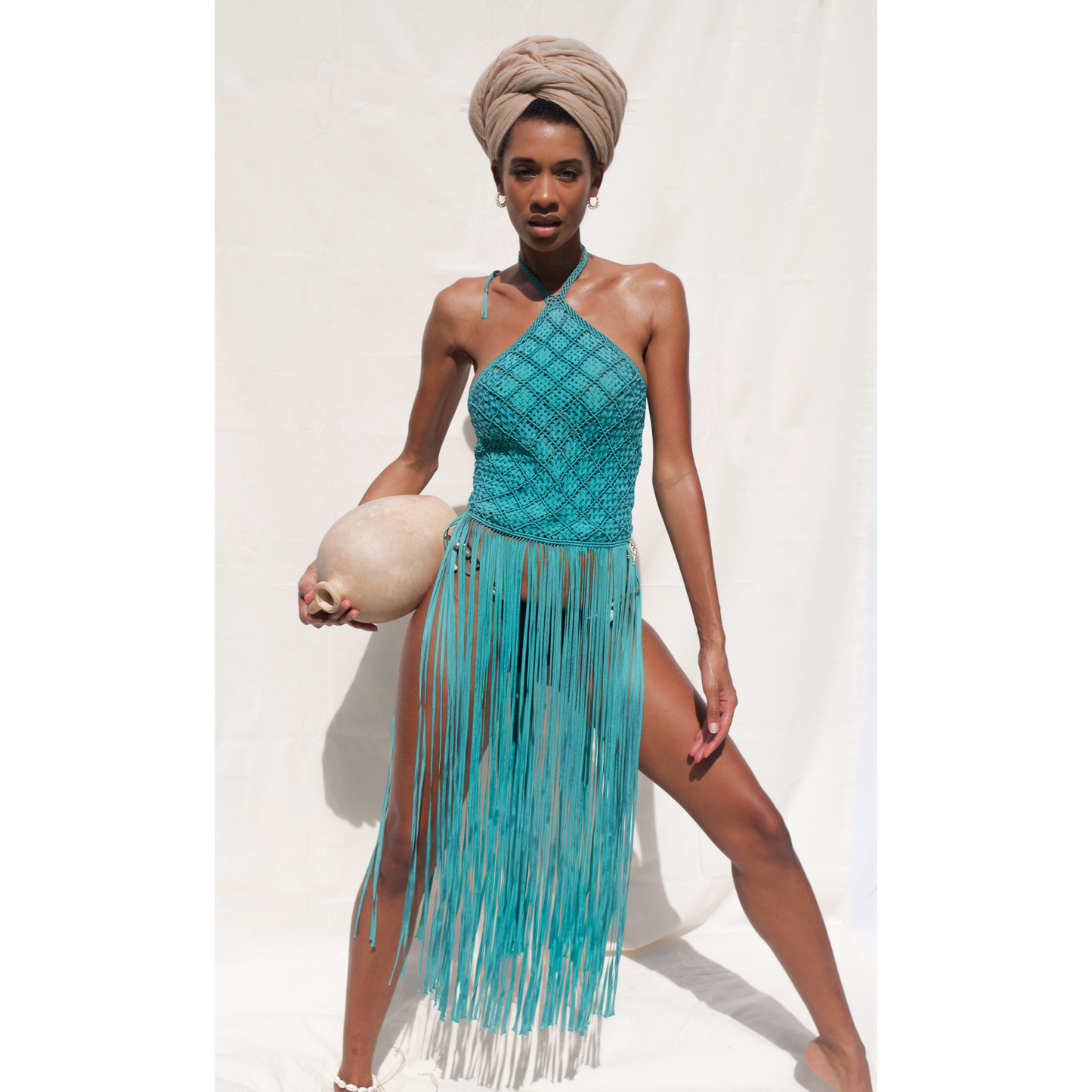 Jade macrame handmade long fringe top. Corset like closure. Halter top (tie to close)