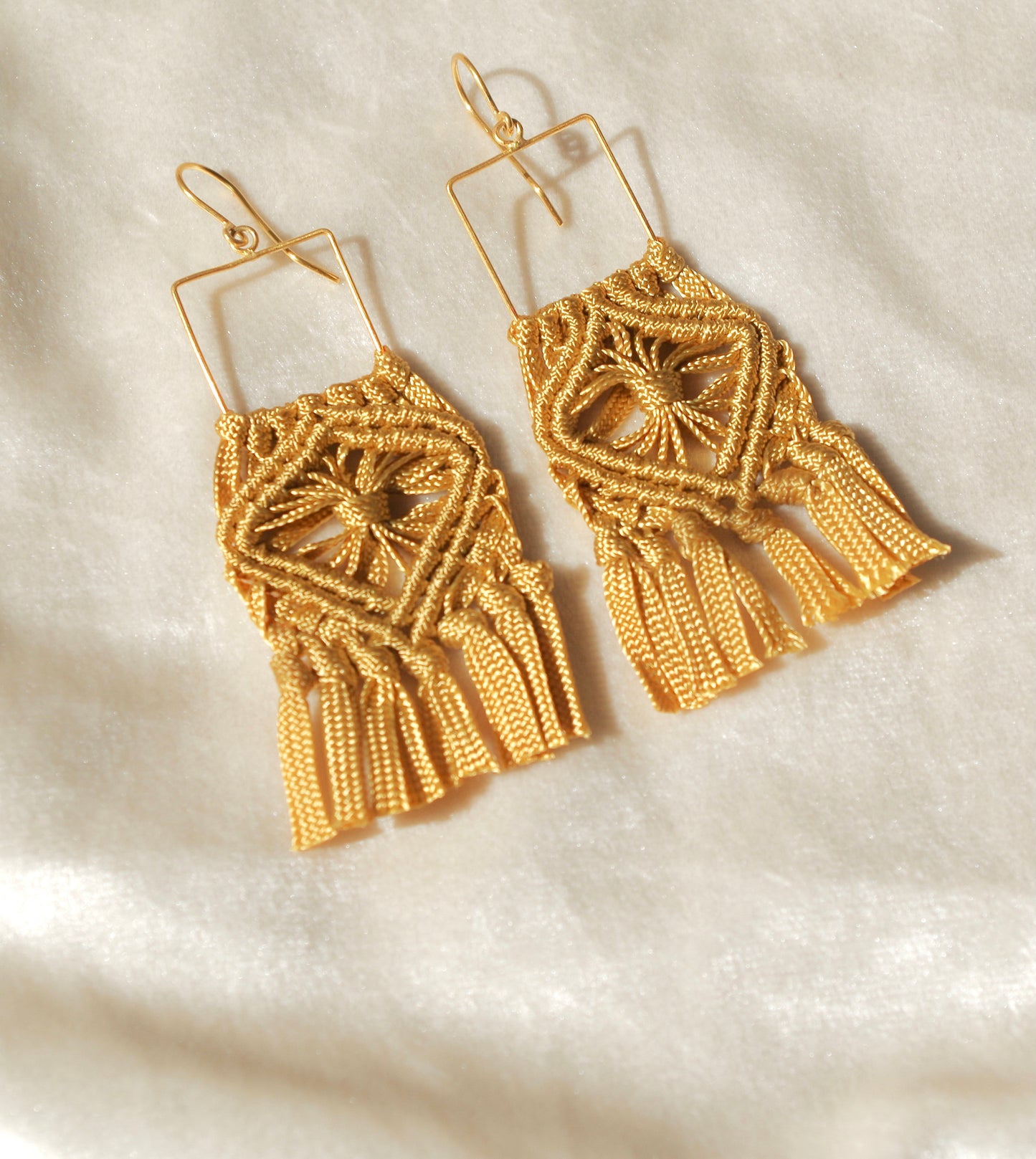 Macrame flower pattern earrings. Gold plated hook earrings won’t cause any allergies nor rust with time. Handmade colorful macrame long earrings