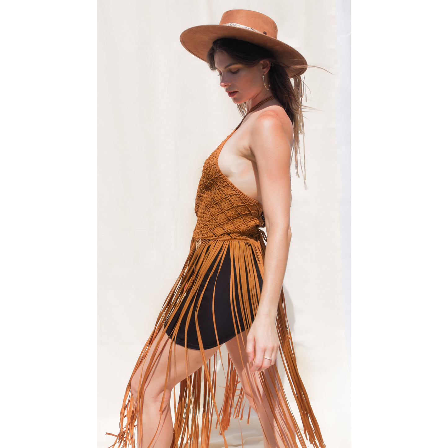Orange macrame handmade long fringe top. Corset like closure. Halter top (tie to close)