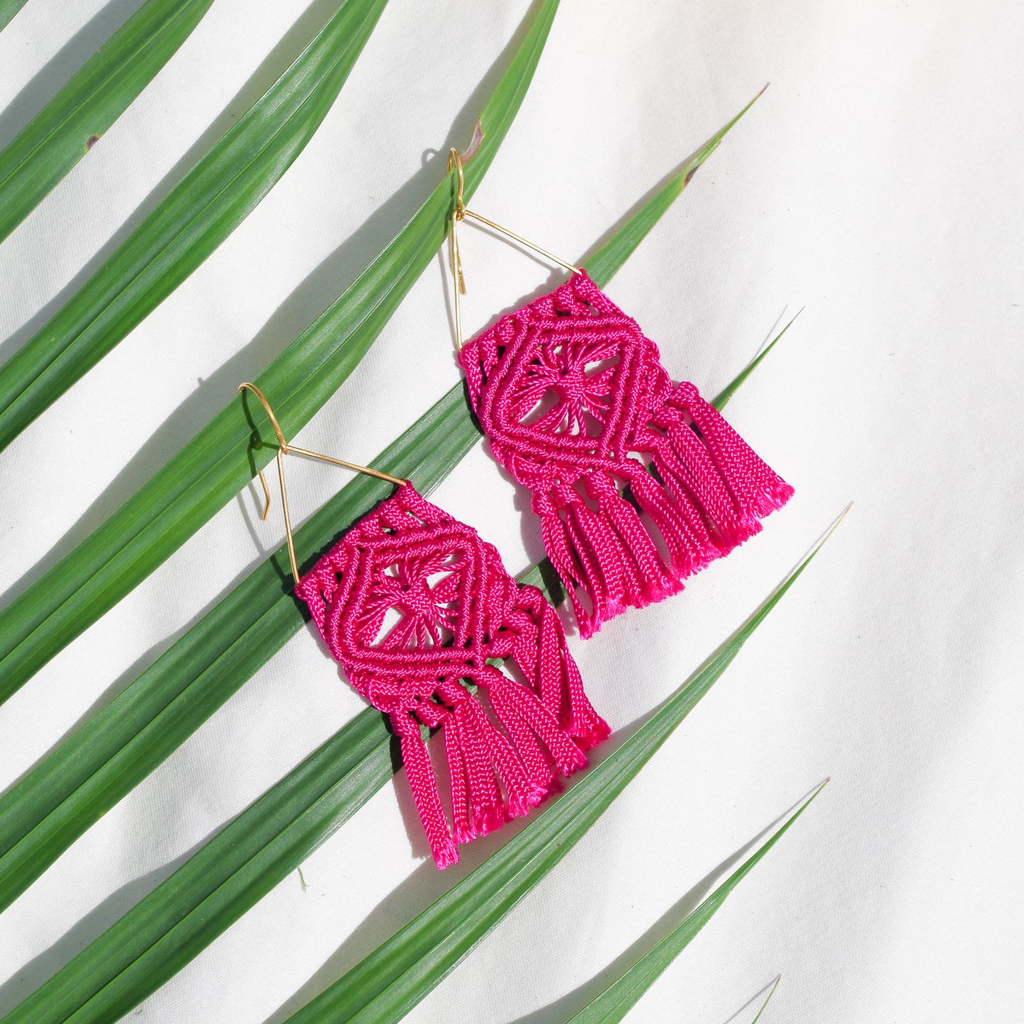 Macrame flower pattern earrings. Gold plated hook earrings won’t cause any allergies nor rust with time. Handmade colorful macrame long earrings