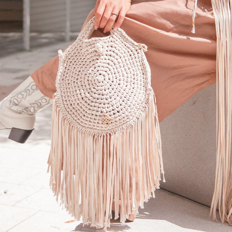 Rounded crossbody bag with fringes and chain strap. Crochet and macrame round bag. Boho Style. Includes lining and zipper.