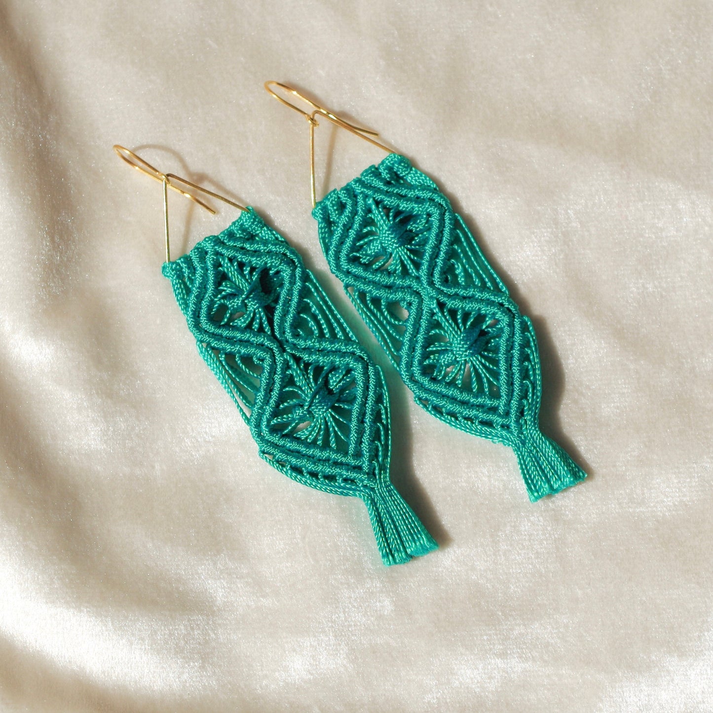 Macrame flower pattern earrings. Gold plated hook earrings won’t cause any allergies nor rust with time. Handmade colorful macrame long earrings