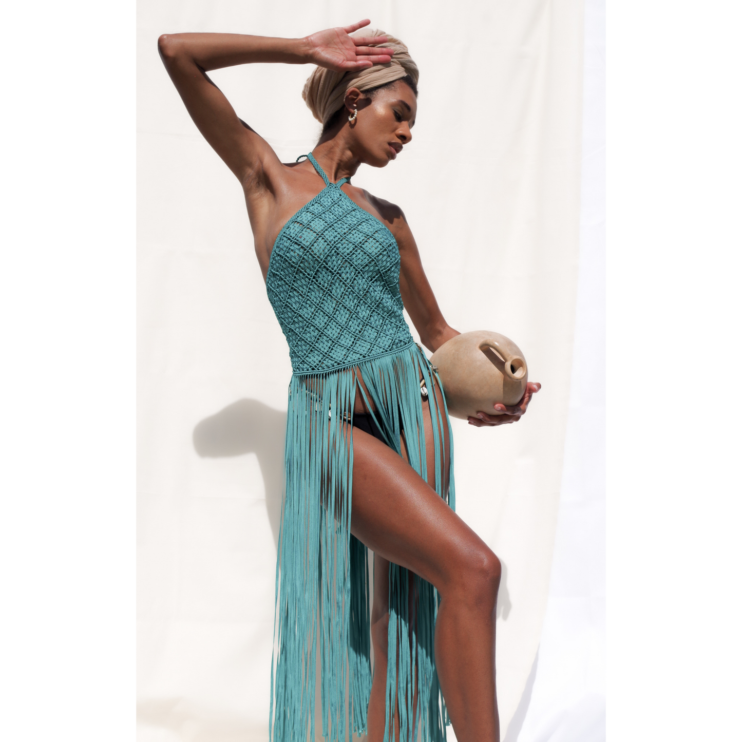 Teal macrame handmade long fringe top. Corset like closure. Halter top (tie to close)