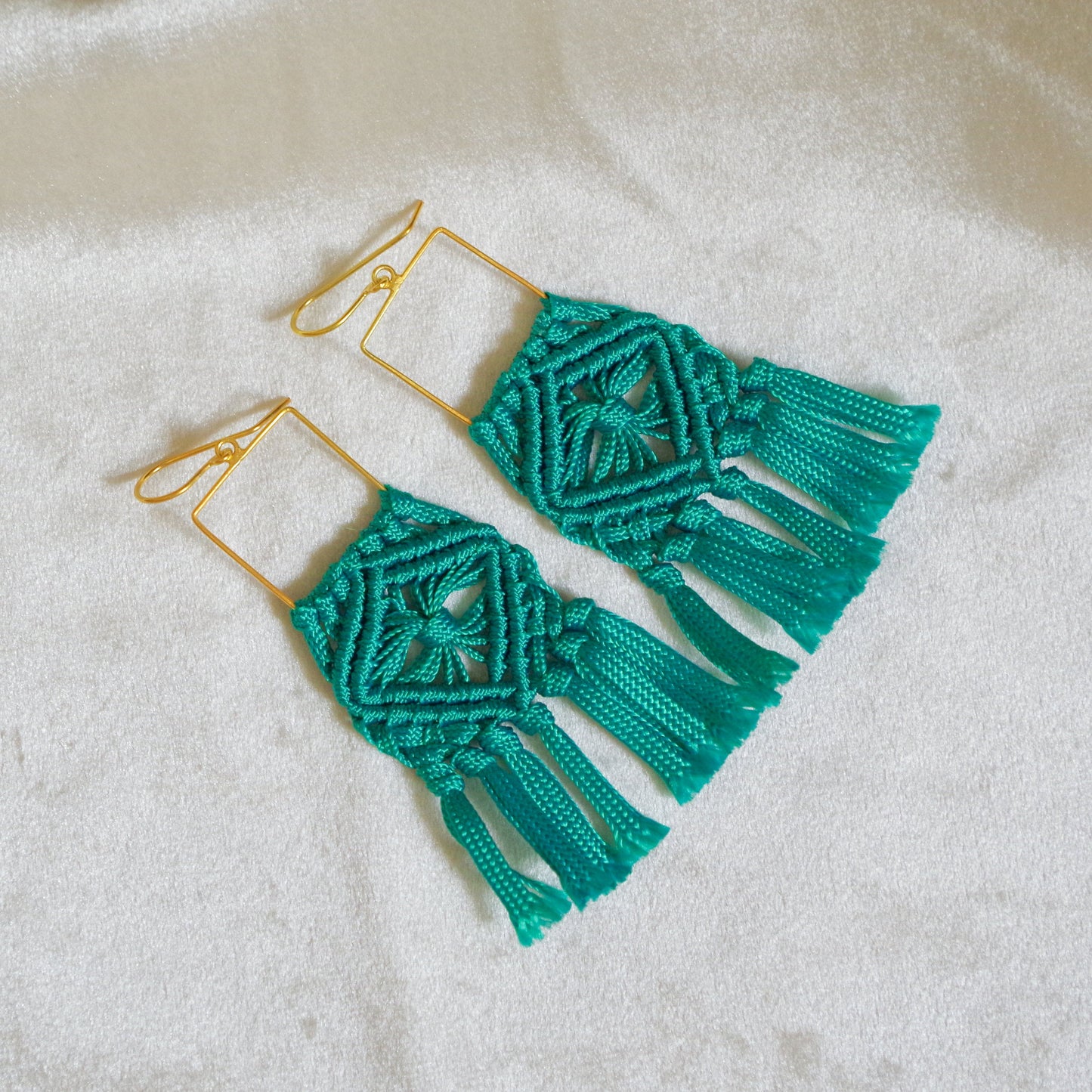 Macrame flower pattern earrings. Gold plated hook earrings won’t cause any allergies nor rust with time. Handmade colorful macrame long earrings