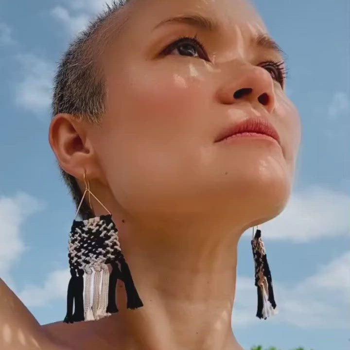 Black and beige macrame earrings with fringe