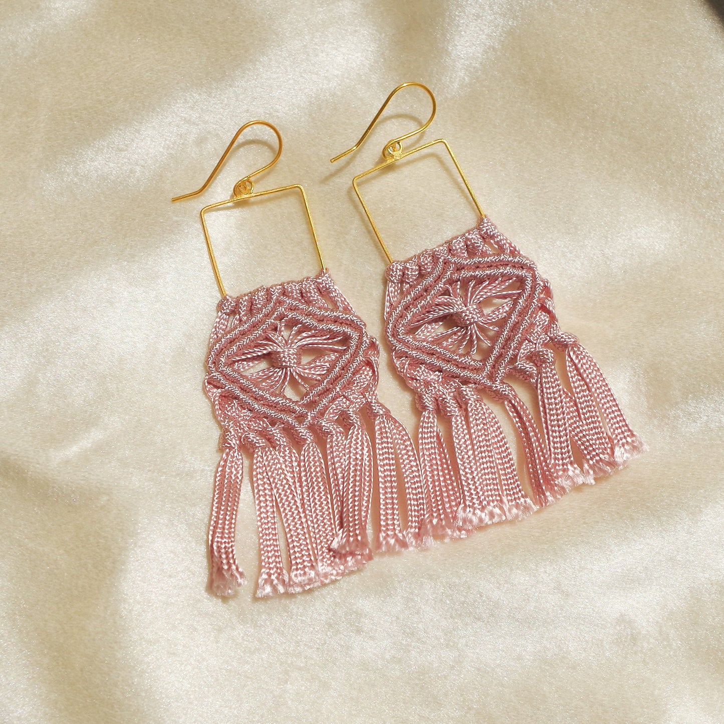 Macrame flower pattern earrings. Gold plated hook earrings won’t cause any allergies nor rust with time. Handmade colorful macrame long earrings