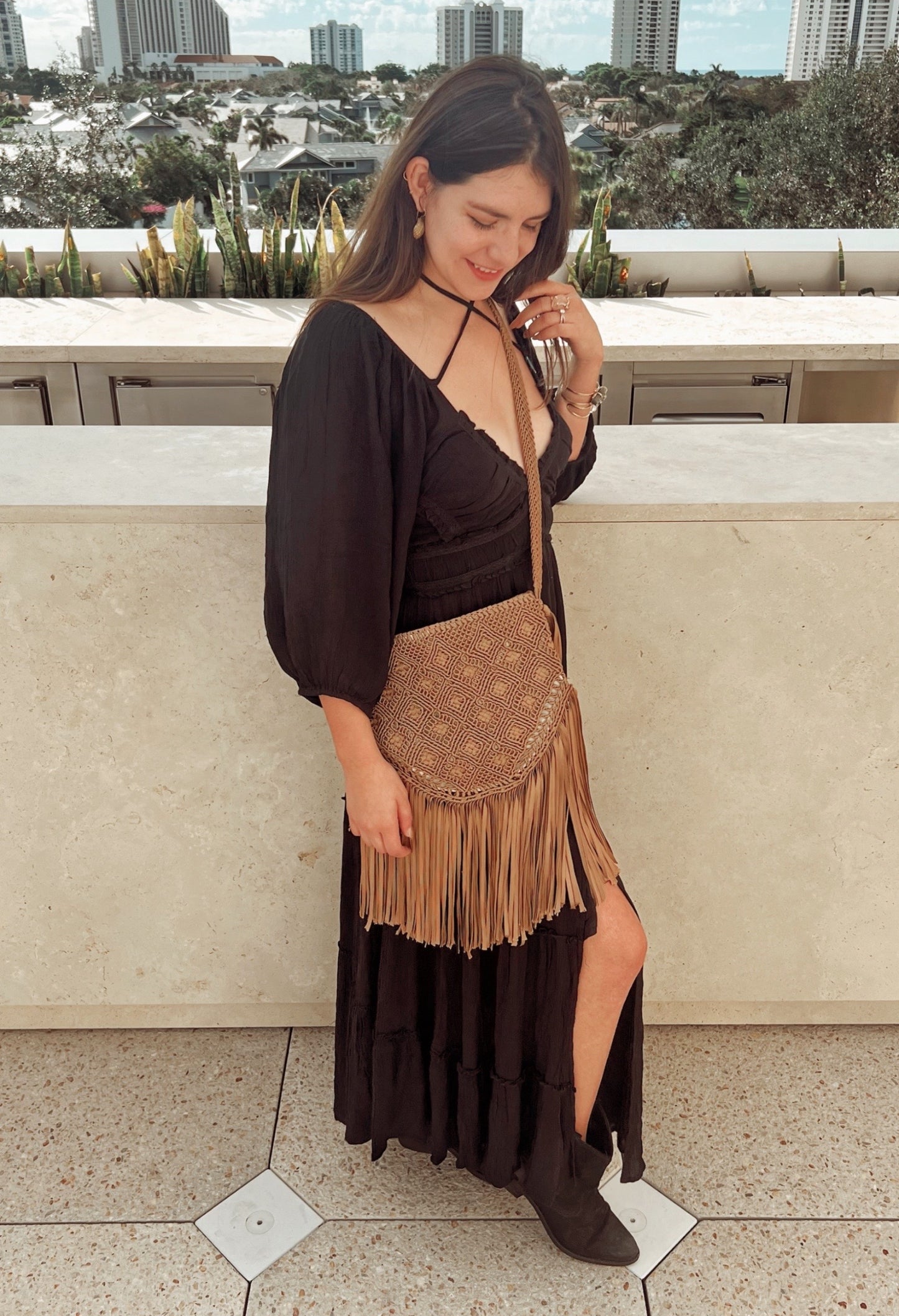 Boho macrame bag with fringes. Spacious handmade Travel bag perfect for festivals