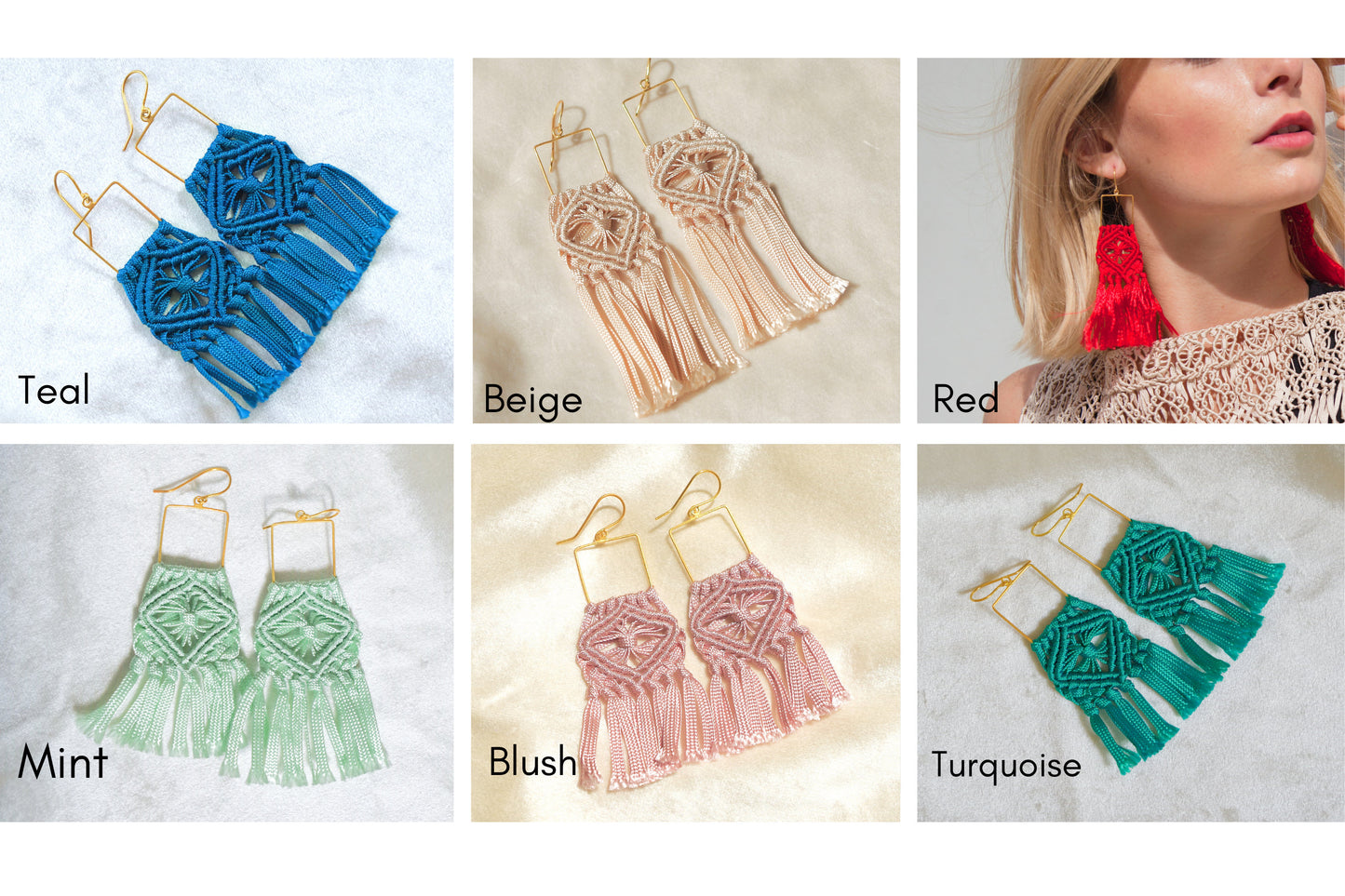 Macrame flower pattern earrings. Gold plated hook earrings won’t cause any allergies nor rust with time. Handmade colorful macrame long earrings