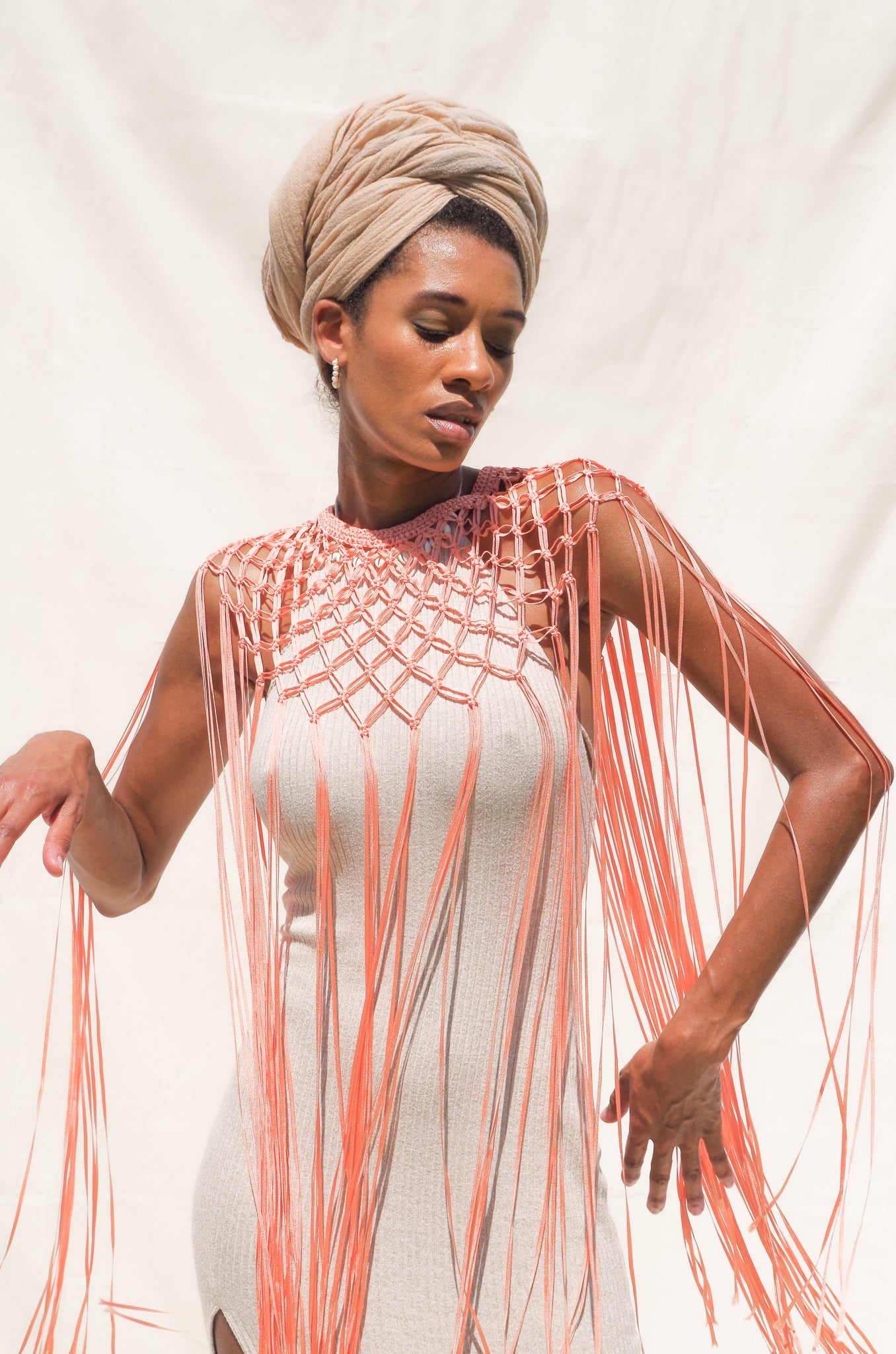 Coral macrame handmade shoulder necklace with button closure, Length: 32