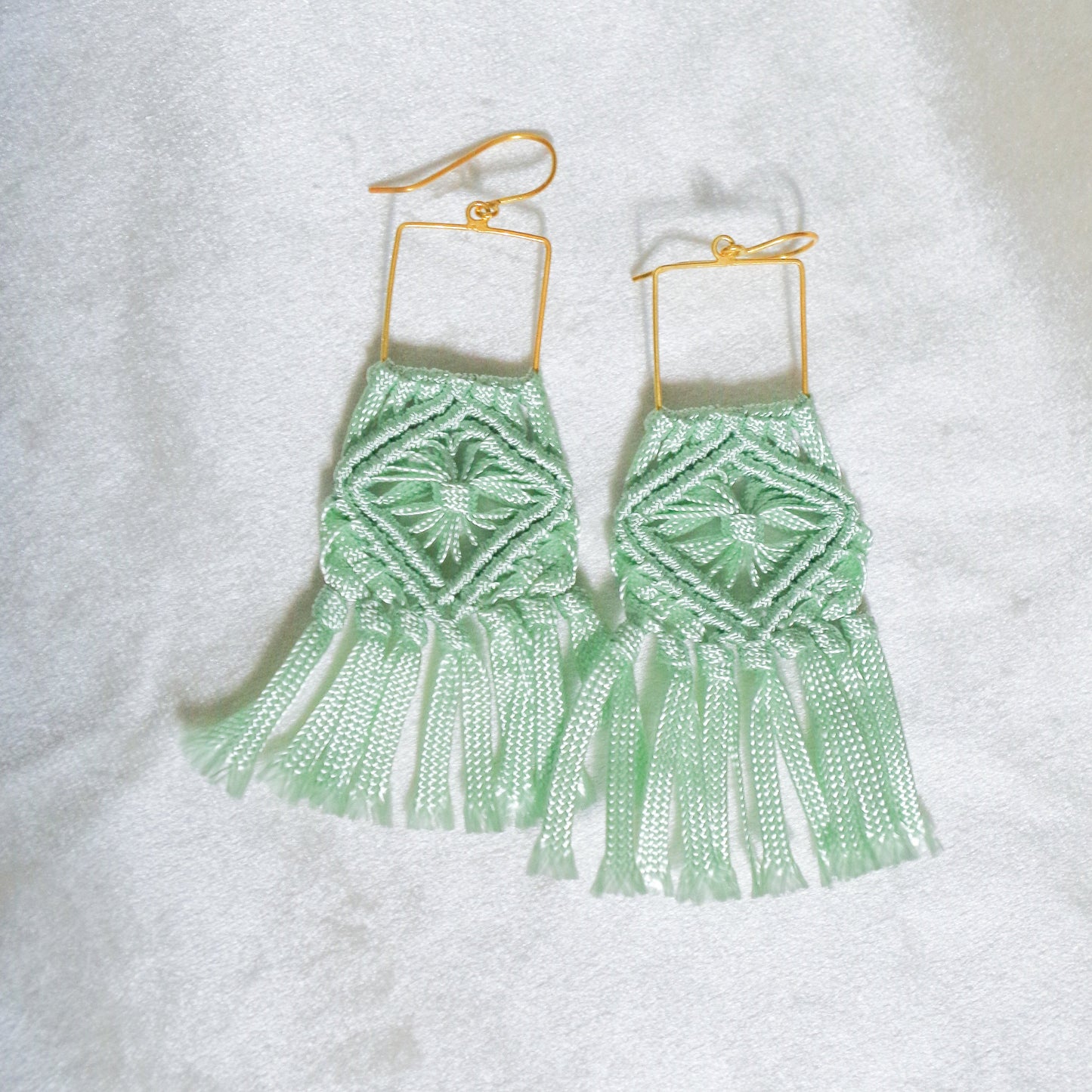 Macrame flower pattern earrings. Gold plated hook earrings won’t cause any allergies nor rust with time. Handmade colorful macrame long earrings