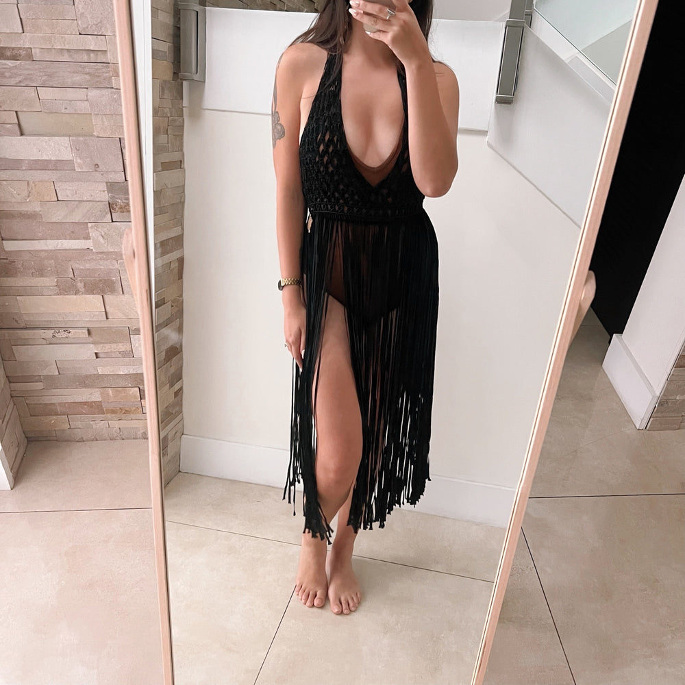 
                      
                        Handmade Macrame black dress beach cover up, Boho style Fringe dress festival layering accessory
                      
                    