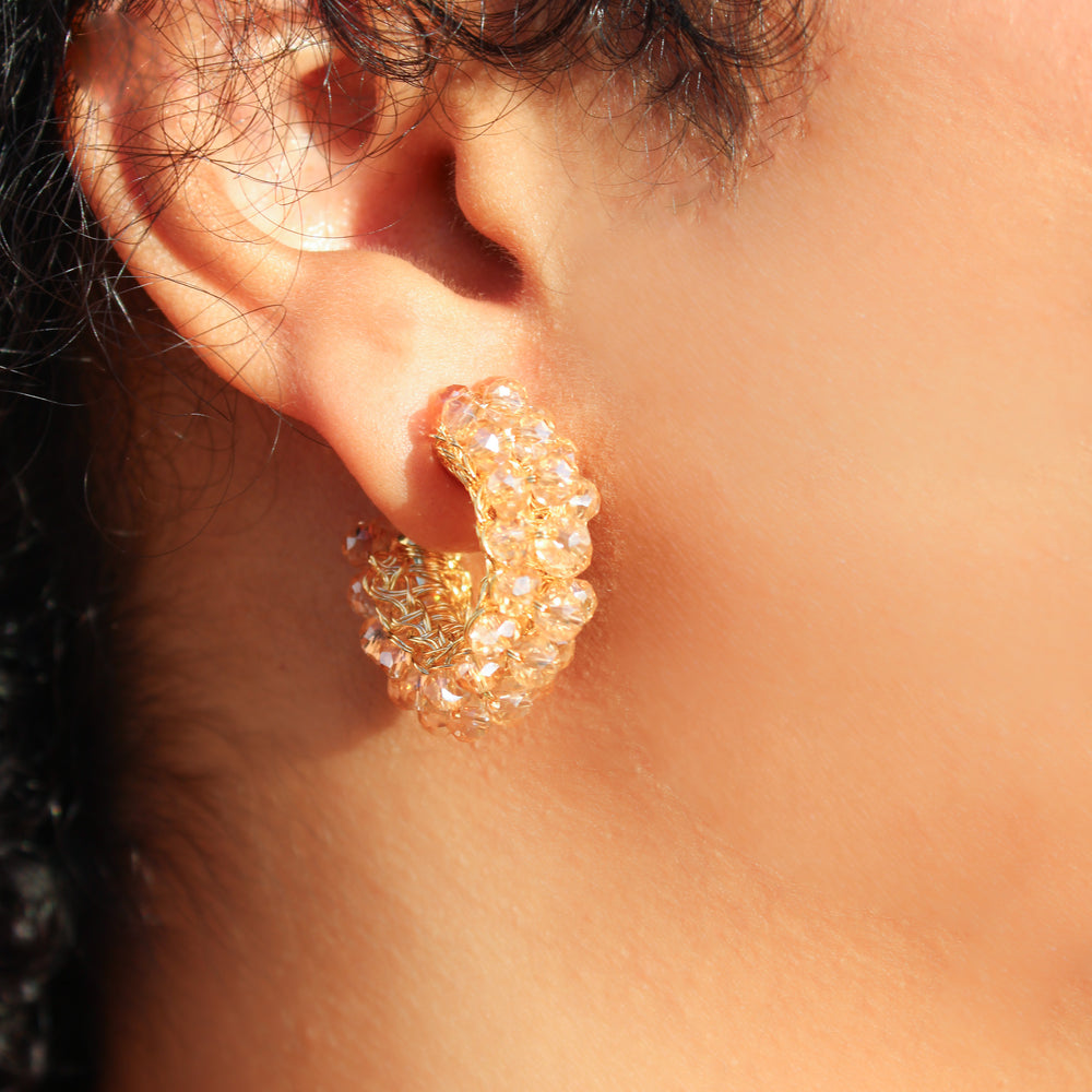 
                      
                        Chunky beaded hoop earrings. Handmade crochet 18 karat gold filled copper wire. Lightweight thick crochet hoops with citrine.
                      
                    