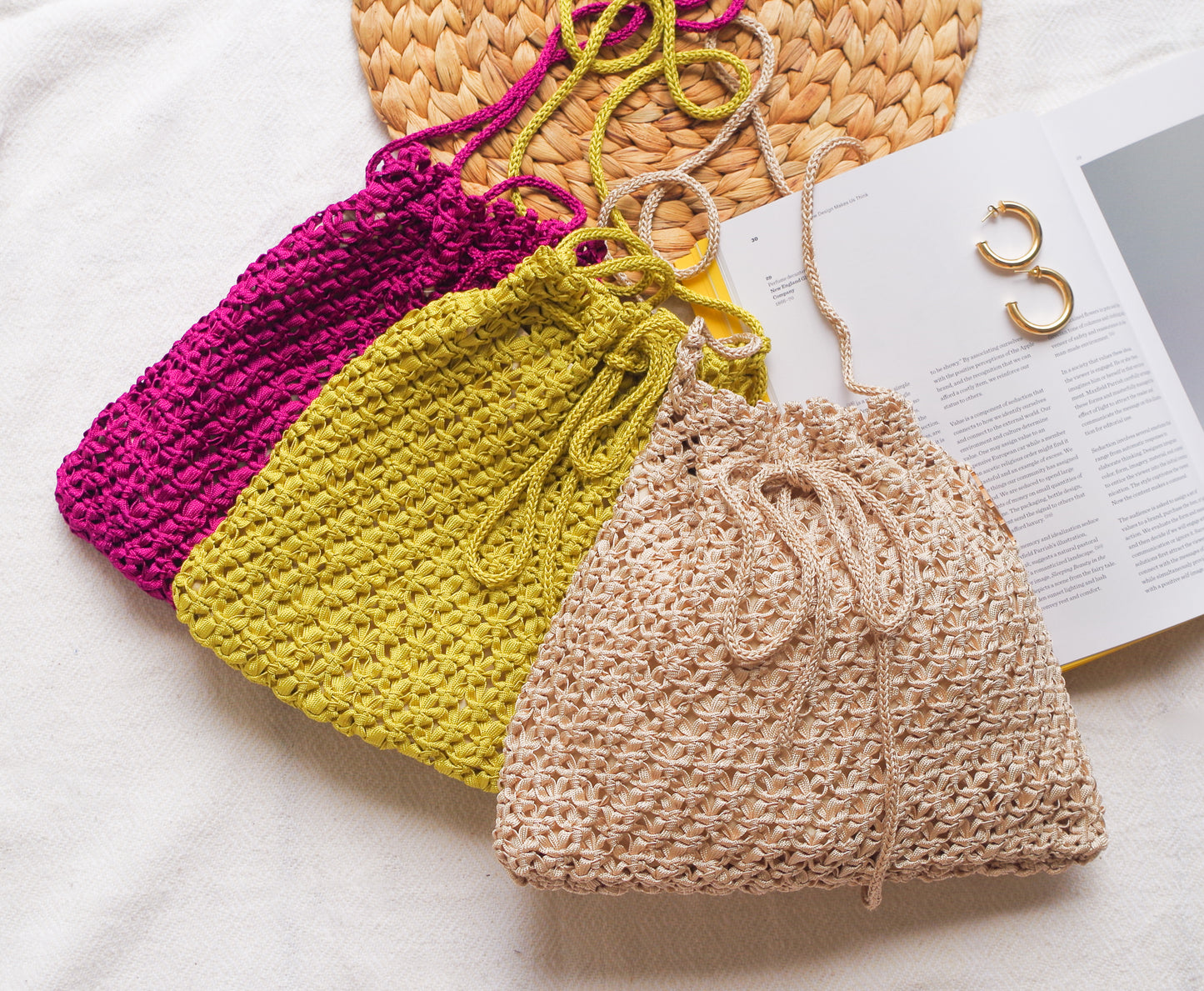 Handmade purse. Crochet strap, Fully lined, includes pockets. Drawstring crochet bag perfect for traveling. 