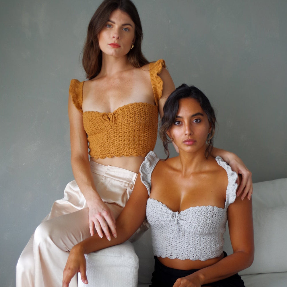 Handmade crochet corset top. 100% cotton with ruffled sleeves, square neckline.