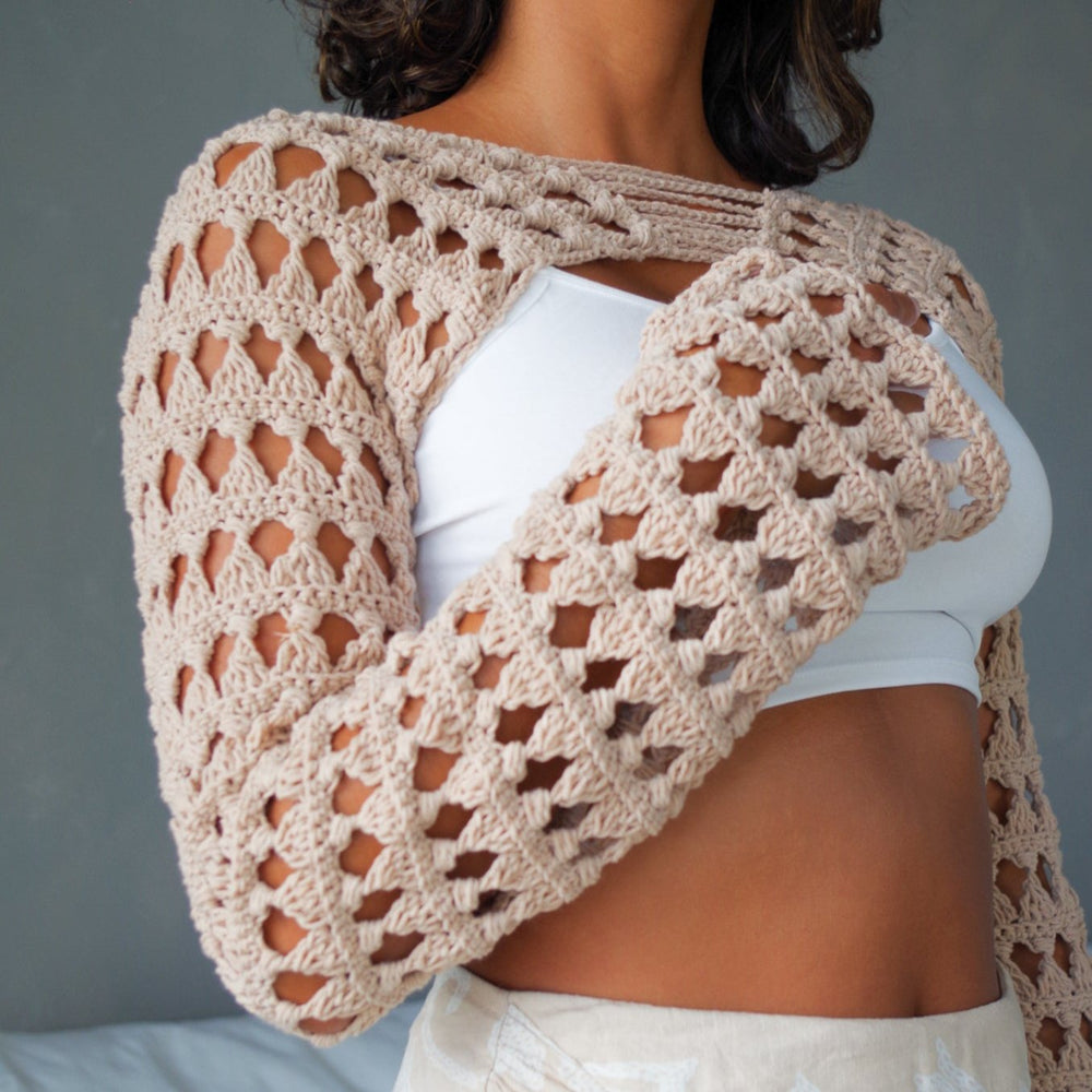 
                      
                        Beige Crochet Bolero short sweater. Handmade soft layering shrug piece with bell sleeves
                      
                    