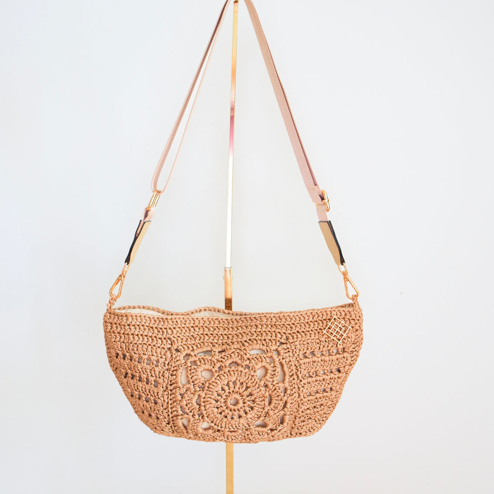 Gold crochet crossbody bag. This sling bag is handmade with granny square design. Gold handmade fanny pack 