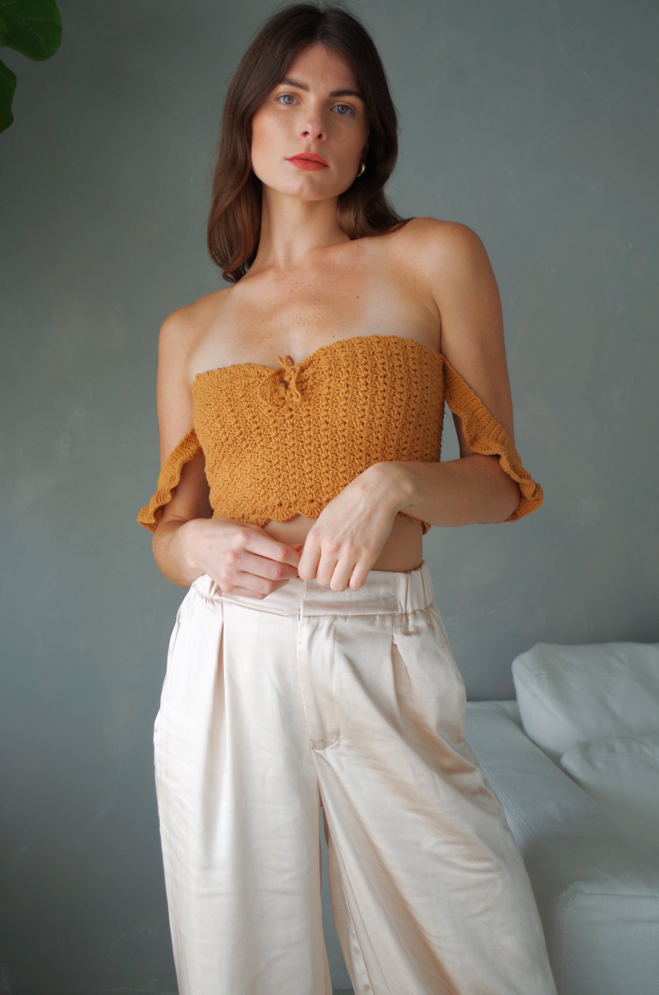 Handmade crochet corset top. 100% cotton with ruffled sleeves, square neckline.