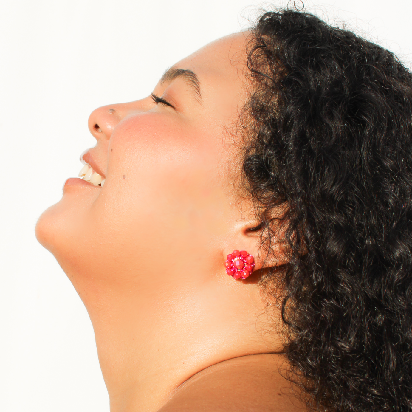 Handmade crochet crystal earrings. Vivid fucsia color stud earrings made by hand. Crystal small earrings.