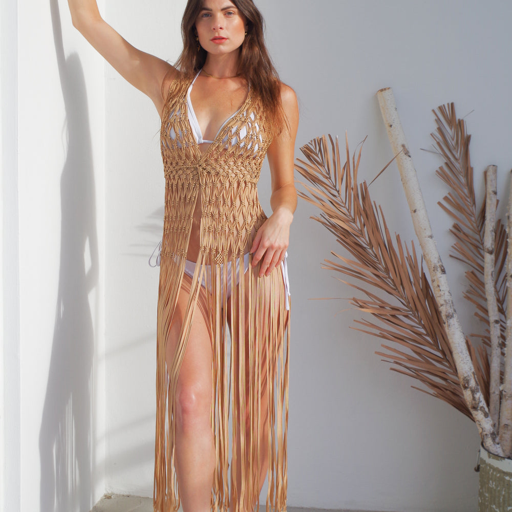 
                      
                        Gold Andreina Macrame handmade Vest Beach cover up . 100% rayon silk. One size fits all perfect for layering
                      
                    