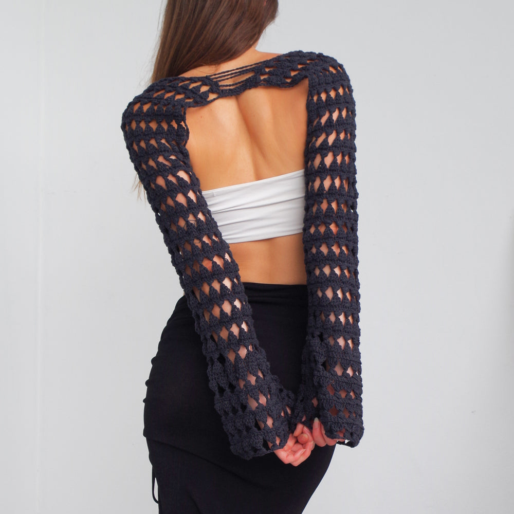 
                      
                        Black Crochet Bolero short sweater. Handmade soft layering shrug piece with bell sleeves
                      
                    