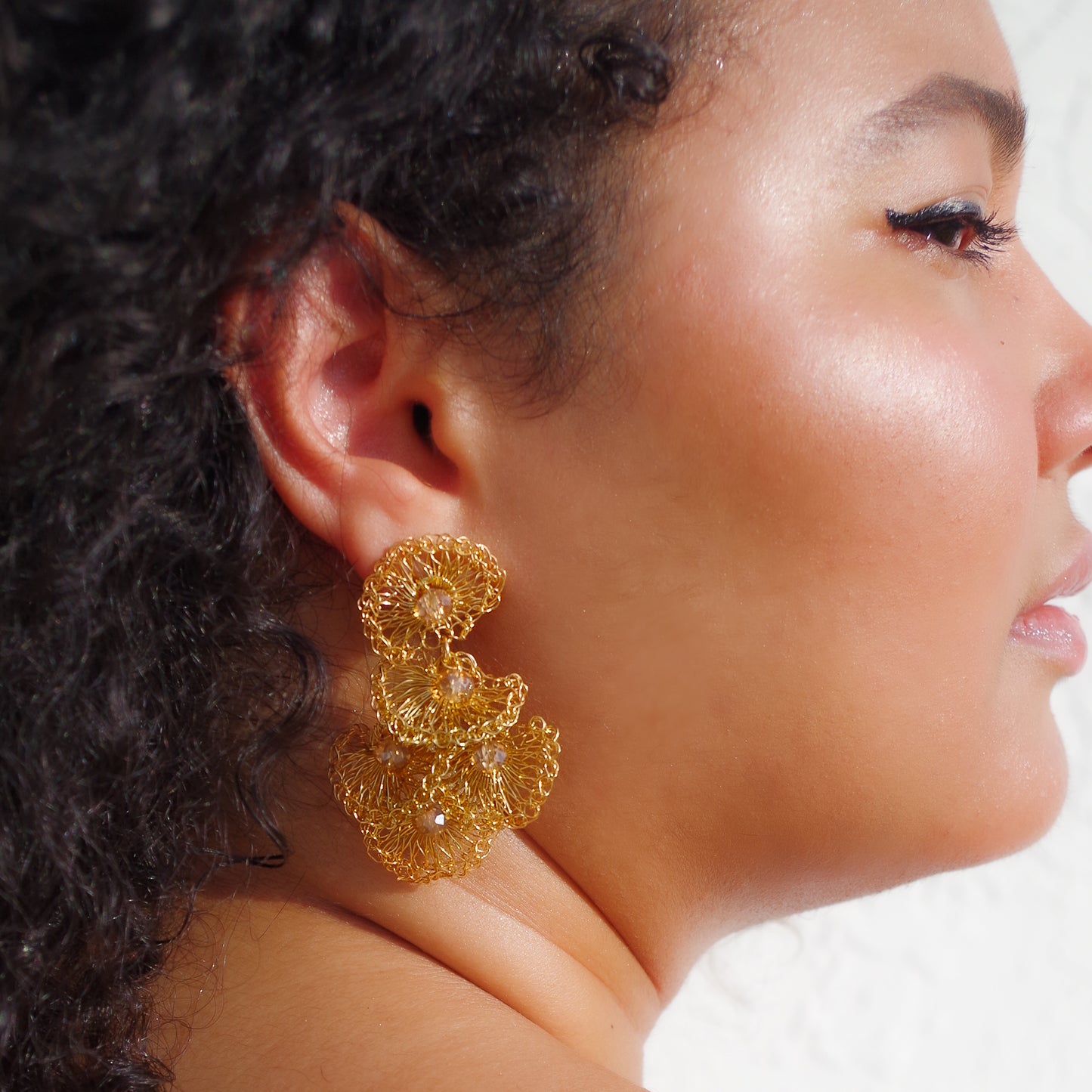 Wire Crochet Gold Shell Earrings - Lightweight Long  Wedding Guest Earrings - Post & Clip Bohemian Earrings