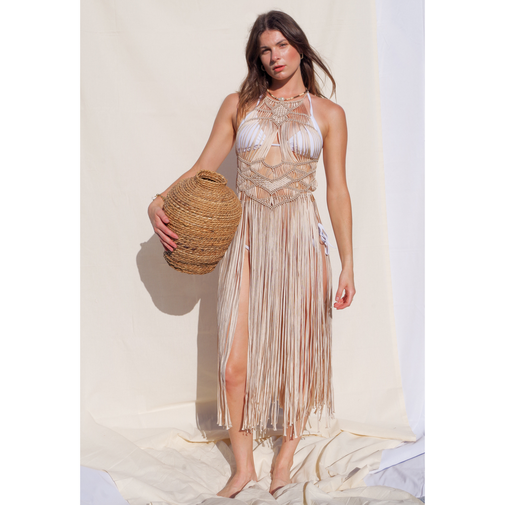 Macrame Dress (one size fits S - XL) Macrame beach cover up or fashion accessory. Halter Top and Wrap Dress closure. Caramel. Ethically made by Bolivian artisans.