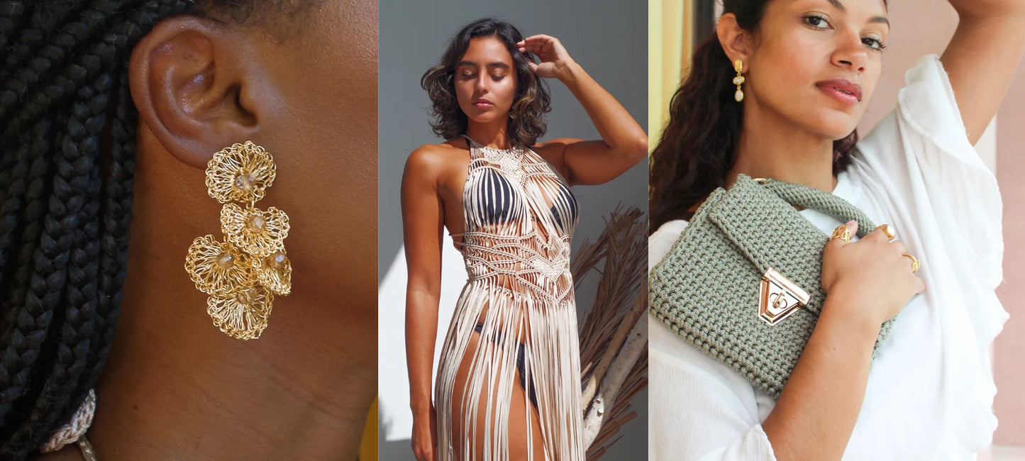 Collage of a woman wearing gold crochet earrings, another wearing a resort wear dress, and the last woman holding a crochet hand made bag.