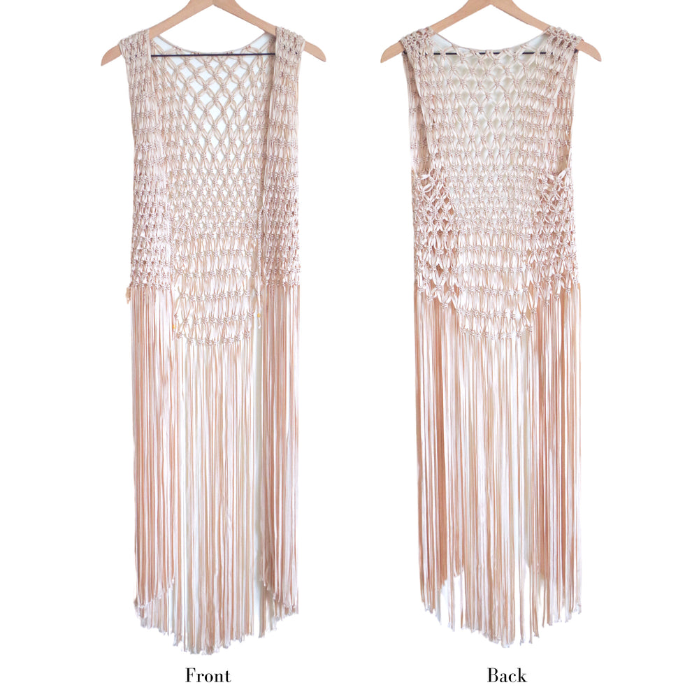 
                      
                        Beige Andreina Macrame handmade Vest Beach cover up . 100% rayon silk. One size fits all perfect for layering
                      
                    
