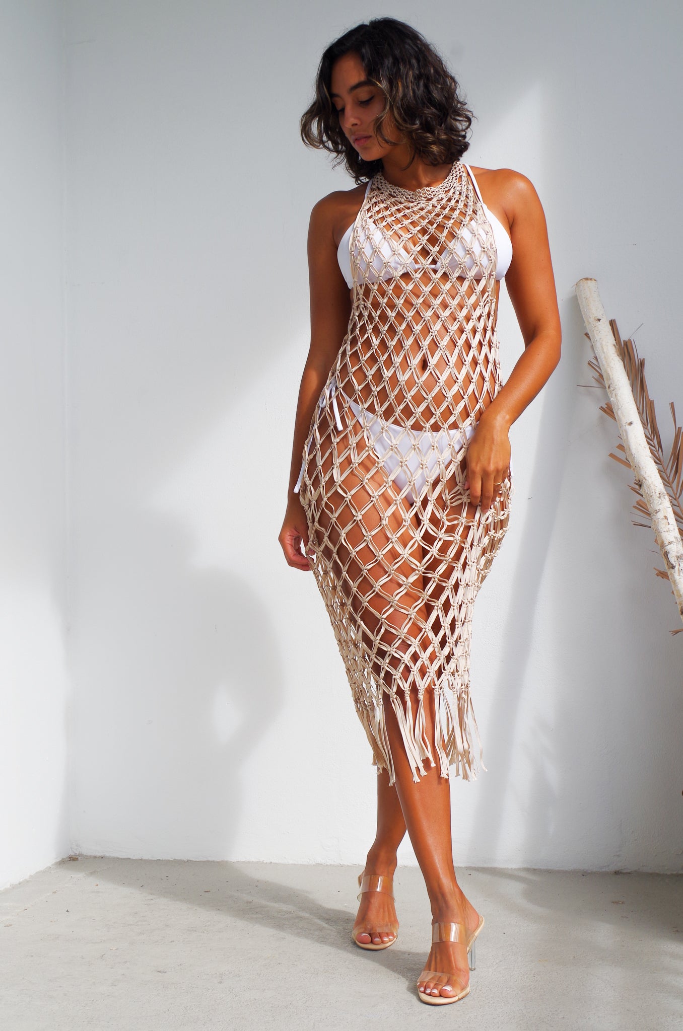 Festival Clothing, Goddess Dress, Beach Vacation Cover Up Beige macrame handmade dress