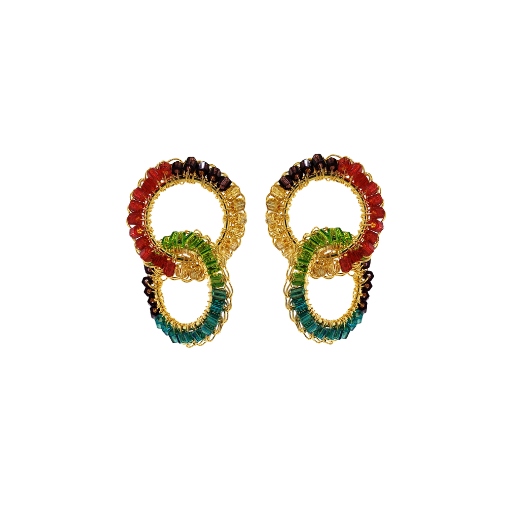 
                      
                        Crochet beaded geometric earrings. 18 karat gold filled copper wire. Super lightweight earrings with colored beads
                      
                    