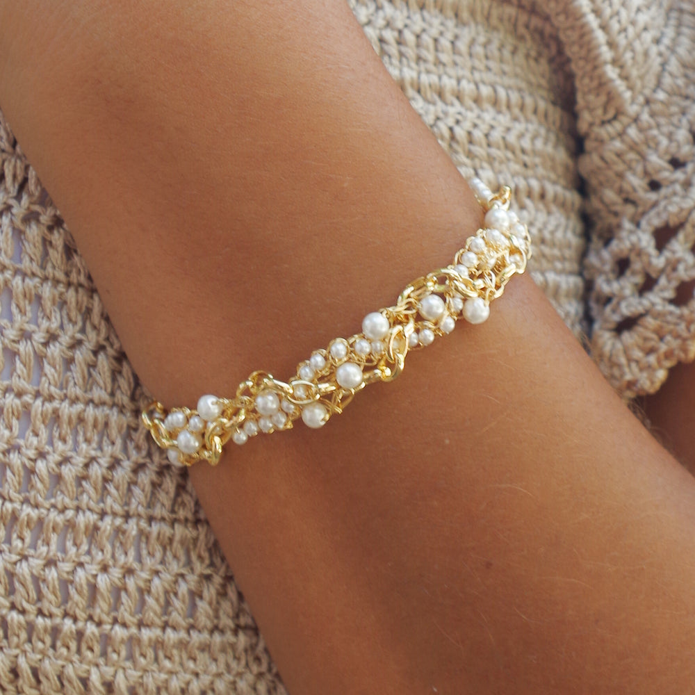 Crochet Bracelet gold 18k gold plated wire. Pearl Handmade crochet jewelry. wedding guest jewelry.